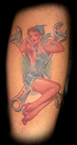 mechanic tattoos Pinup girl on crossed wrenches after Elvgren 39s A Spicy