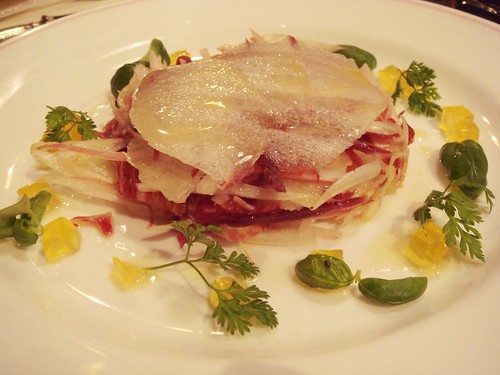 Chicory, Pear And Cured Ham Salad with Olive Oil Jelly Cubes, Almonds and Olive Oil dressing
