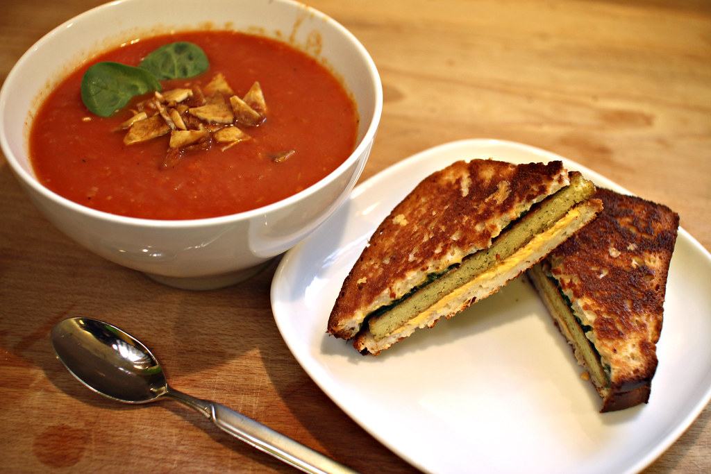 Tomato fennel orange soup and grilled cheese with spinach and tofu steak