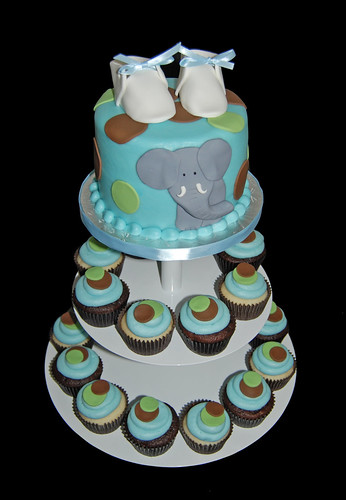 blue brown and green elephant baby shower cupcake tower