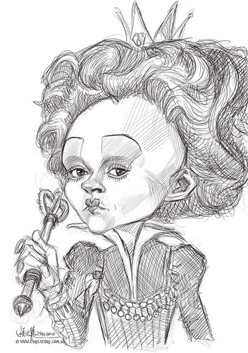 digital caricature sketch of Helena Bonham Carter as The Red Queen