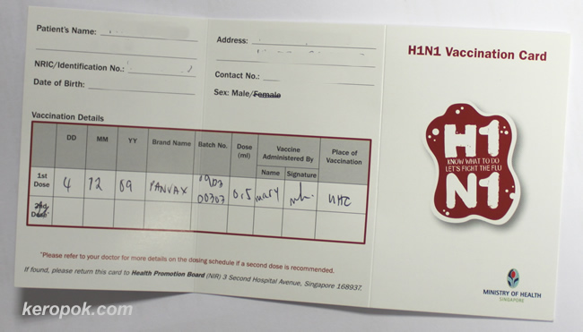 H1N1 Vaccination card