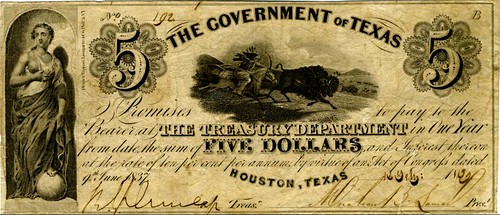 Fig 9.6, $5 Engraved Note, 1839, The Government of Texas