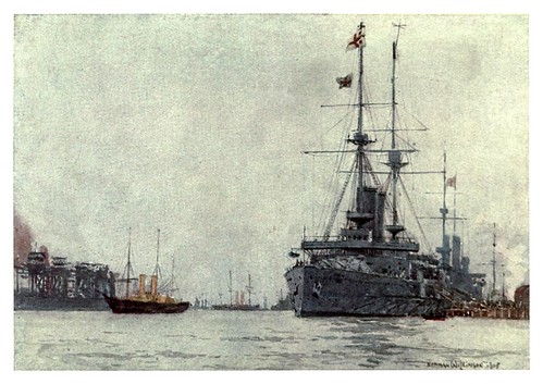 019- HMS Albemarle junto al embarcadero del ferrocarril en Portsmouth-The Royal Navy (1907)- Norman L. Wilkinson