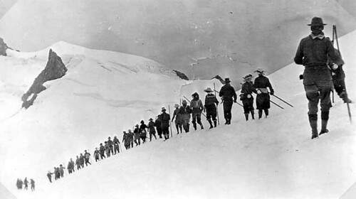 Mountaineers climbing in snow, Mount Olympus