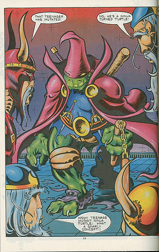 Genesis West Comics:: "THE TEENAGE MUTANT NINJA TURTLES VISIT THE LAST OF THE VIKING HEROES" - Summer Special Limited Edition  No. 866 of 1750 // Special 2 pg 25.. Jon the Magician magically Mutates into a TMNT (( 1992 ))