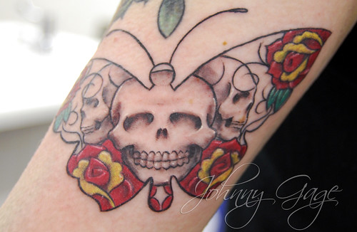 tasha skull butterfly tattoo. Tattooed by Johnny at; The Tattoo Studio 5 The high street. Crayford Kent DA1 4HH www.crayfordtattoostudio.com