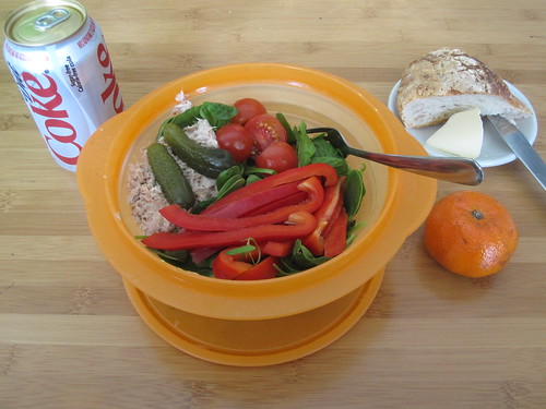 Tuna salad, bread and butter, clementine, Diet COke