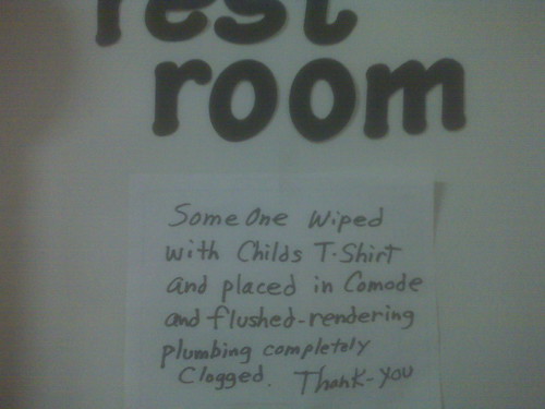 SomeOne wiped with Childs T-Shirt and placed in Comode [sic] and flushed - rendering plumbing completely clogged. Thank-you