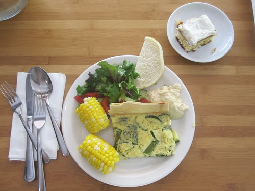 Asparagus and zucchini quiche, salad, hummus, bread, corn, sponge cake from the bistro - $6