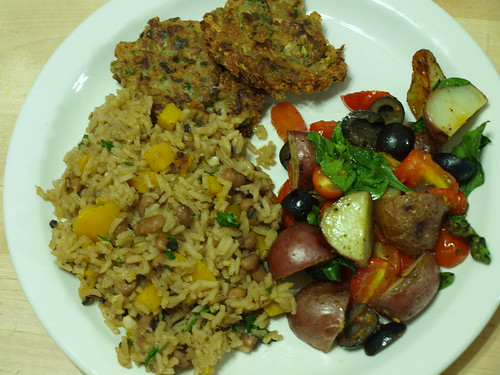 Caribbean Rice, Squash, and Peas + Zucchini Walnut Fritters + Roasted Baby Potatoes with Spinach, Olives, and Grape Tomatoes