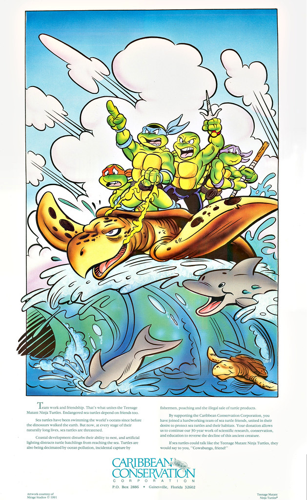 "Caribbean Conservation" Support poster ..art by  Ken Mitchroney, Ryan Brown and Steve Lavigne { Cover art for TMNTA # 17 }  (( 1991 ))