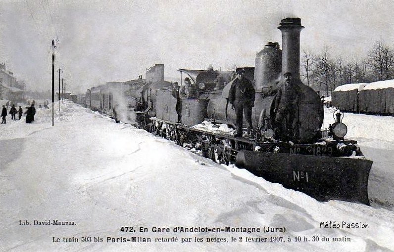 train bloqué par la neige à Andelot le 2 février 1907