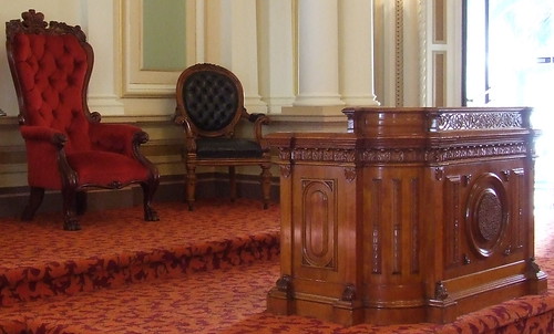 President's chair and rostrum in old Legislative Council chamber, JSchool visit to Parliament of Queensland, Brisbane, Queensland, Australia, 100511