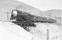 Western Pacific 4-8-4 GS 64 class # 481 pulling a short Feather River Express over a short bridge in Altamont Pass.