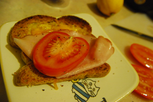 Grilled cheese toast with ham and tomato