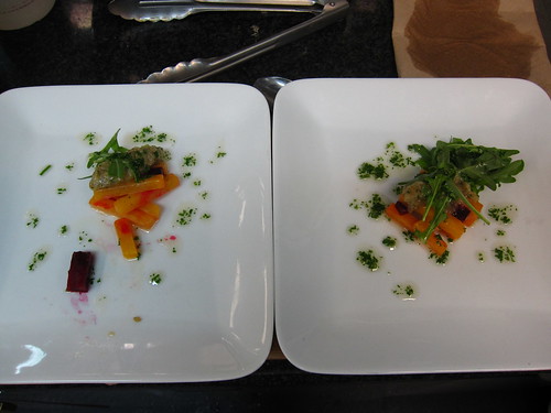 Beet sticks with quenelle of roasted eggplant, roquette and a parsley chive vinegrette