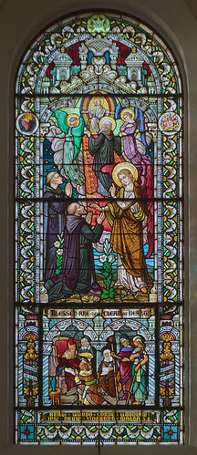 Saint Meinrad Archabbey, in Saint Meinrad, Indiana, USA - stained glass window of Benedictine Saints, and the Patriarch Joseph with Pharoh
