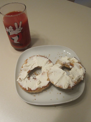 bagel with cream cheese, veggie cocktail