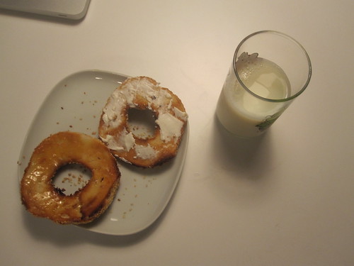 bagel with butter, cream cheese, milk
