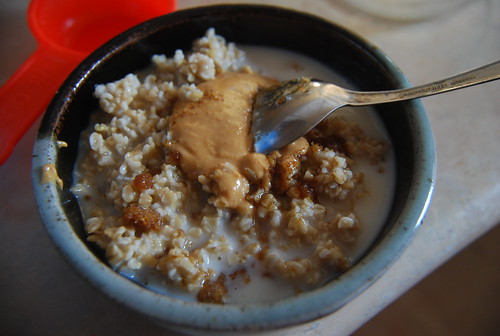 Steel-cut oatmeal with peanut butter and almond milk