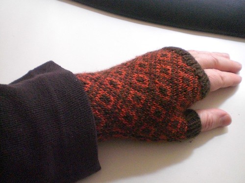 my poor hurt hand in  a shrink wrapped fingerless mitten