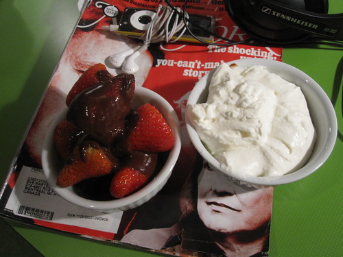 Strawberries, chocolate sauce , whipped cream