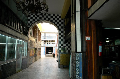 Checkered entrance leading to a fountain, large old Hotel Belmar, South Mazatlan, Sinaloa, Mexico by Wonderlane