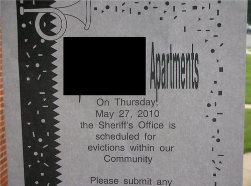 On Thursday, May 27, 2010 the Sheriff's Office is scheduled for evictions within our Community [on a classic Word template with trumpets and confetti]