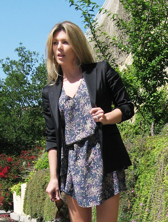 fine floral print dress+black blazer+fiorentini and Baker sandals -cropped, los angeles, the hills, outfit, fashion, what to wear, style, tom ford sunglasses, cat eye sunglasses, LA woman
