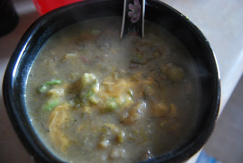 Potato broccoli soup with avocado and cheddar