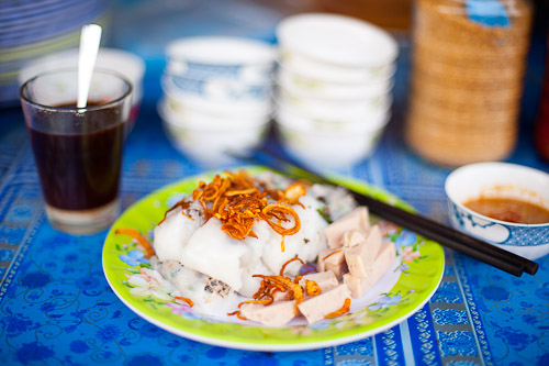 A dish of banh cuon, freshly-steamed noodle filled with pork, Vientiane
