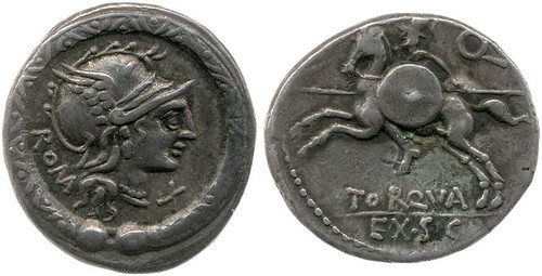 295/1 Plated Denarius of L.Torquatus, note missing reverse praenom and slightly irregular obverse style, BMCRR Italy 521
