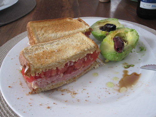 Ham sandwich, avocado with olives