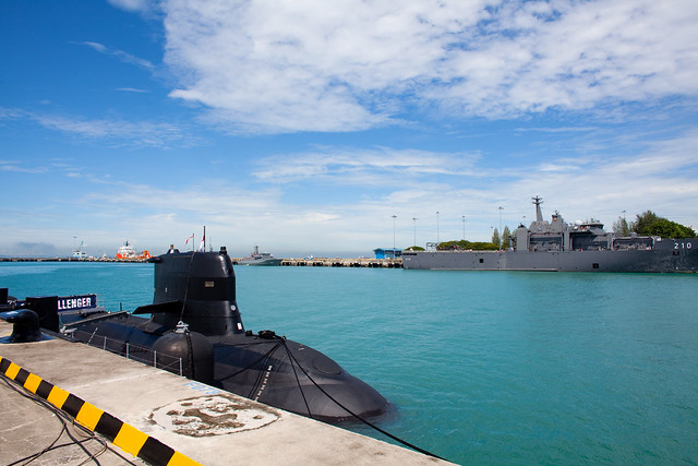 Singapore's first sub, the RSS Challenger, docked at Changi Naval Base. Photo by Lucian Teo, used under a Creative Commons License.
