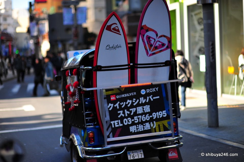 The surfboards pass through the streets between Seibu Department store and on towards Tokyu Hands.
