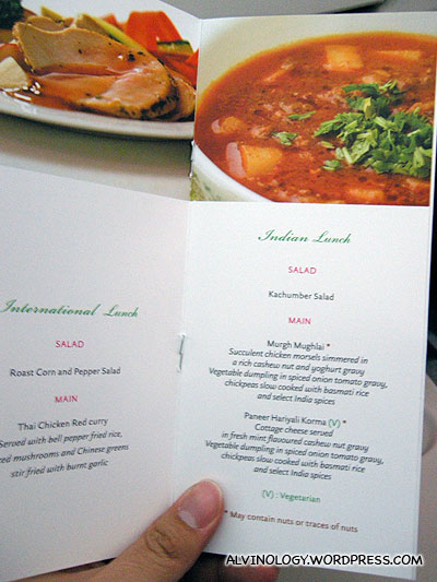 The Kingfisher menu for our airplane meal