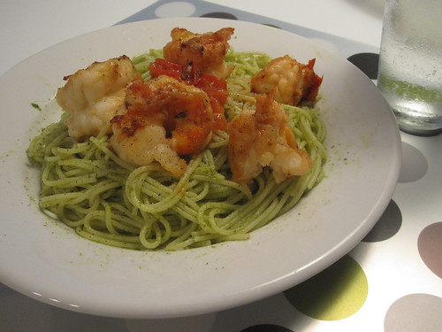 garlic-tomato shrimp, pasta with pesto