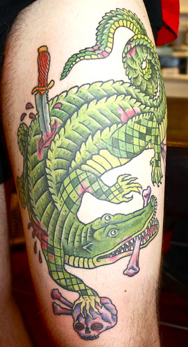 weird old school alligator custom tattoo by Hubba Hubba Tattoo