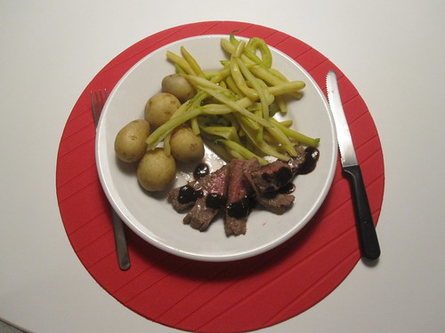 Steak with HP sauce, potatoes, beans