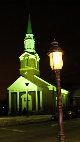 The Park Ridge Community Church at night. Park Ridge Illinois USA. February 2010.