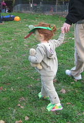 Halloween frog in park with Dad and teddybear