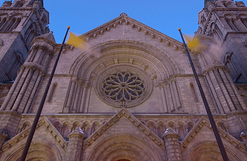 Cathedral Basilica of Saint Louis, in Saint Louis, Missouri, USA - view of exterior facade with flagpoles