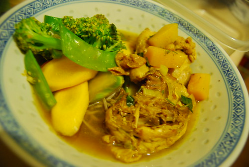 Thai inspired Guinea Hen stew with broccoli, snow peas, yellow carrot and soba noodles