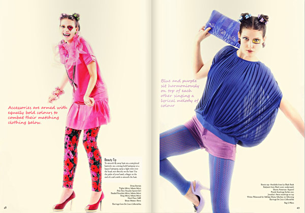 Colour Blocking Fashion, pinks Purple and Blue. Le Magazine Issue 3, All The Colours Of The Rainbow