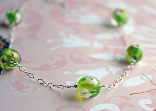 Green and White Flower Lampwork Necklace