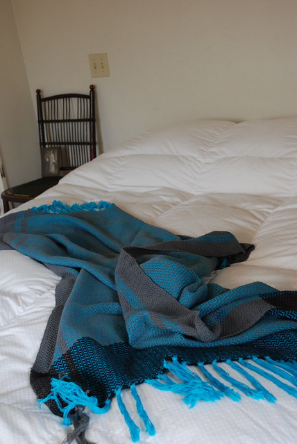 turquoise, grey and black blanket