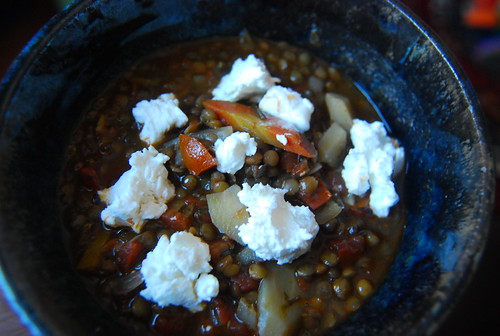 Lentil soup with goat cheese