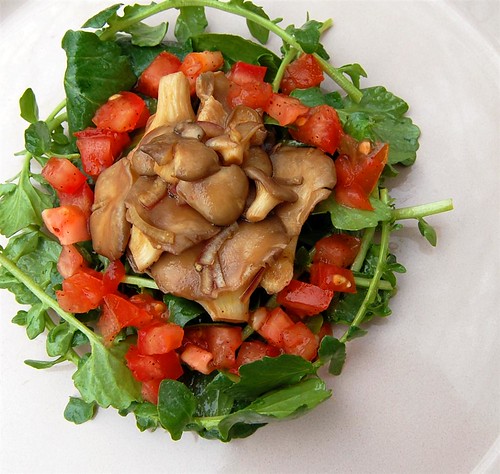 Marinated oyster mushrooms with tomato relish on a bed of creasy greens