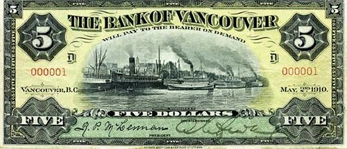Bank of Vancouver $5 note serial no. 1